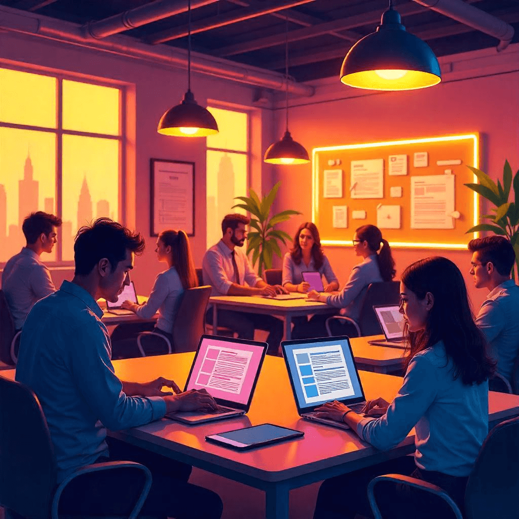 Grupa ludzi w biurze, pracująca na laptopach. Blogowanie.